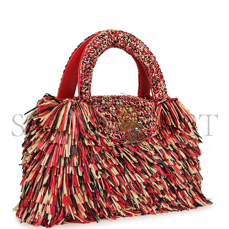 Ch**el MASTER SMALL FRINGE KELLY RED BEIGE BLACK RAFFIA WOOD AND LIGHT GOLD HARDWARE (19*13*7cm)